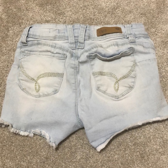 light blue denim shorts. low rise, distressed - Picture 2 of 4